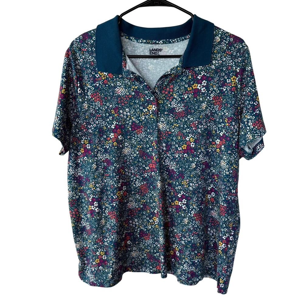 Lands' End women's teal floral print short-sleeve polo shirt size 1X